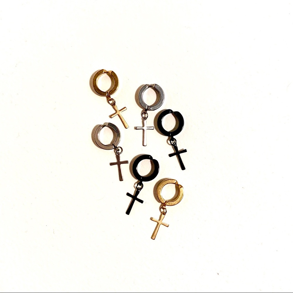 Mens Clip-On Dangle Cross Earings (2 of Each Pack)